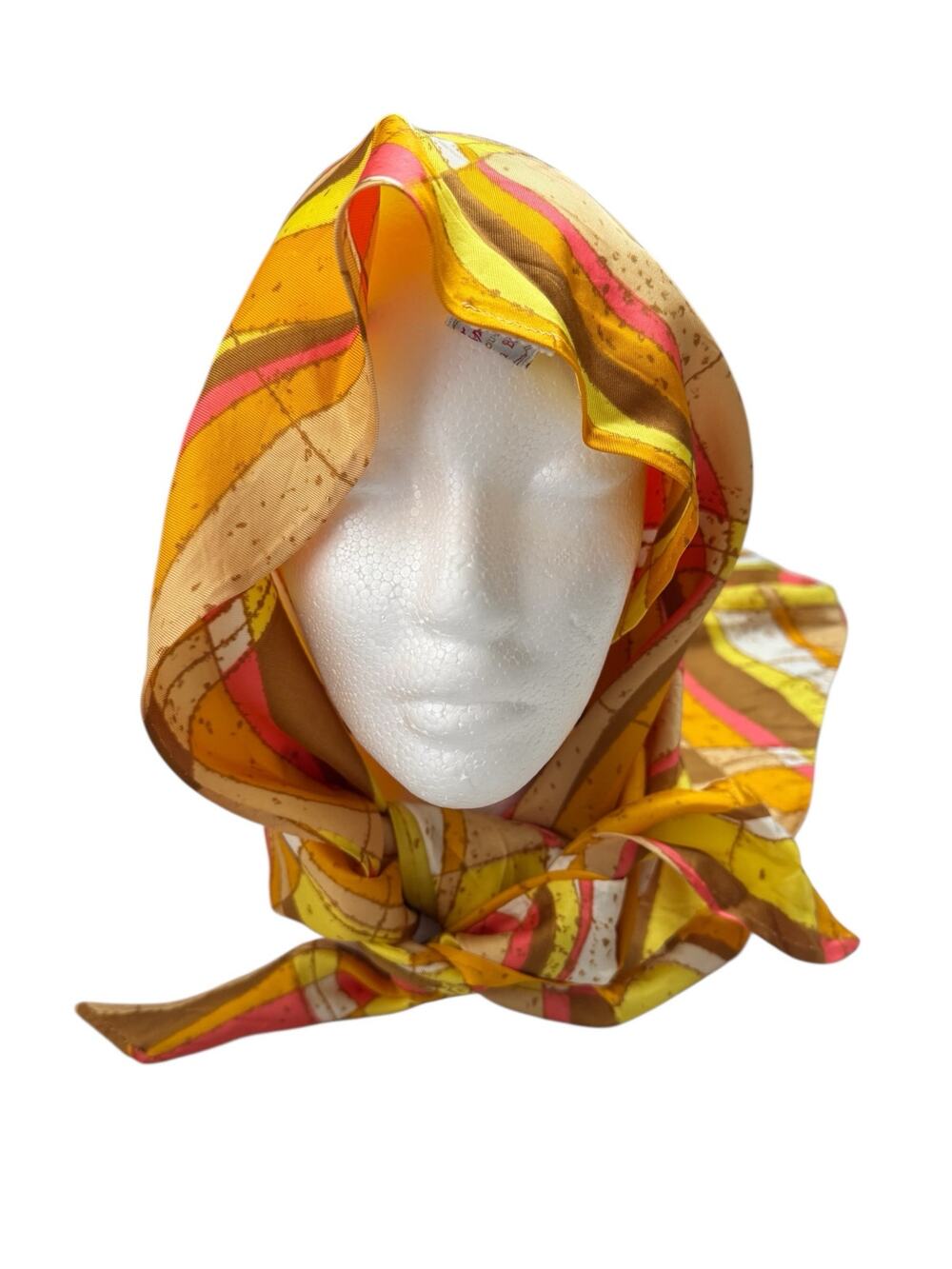 Vintage Handmade Mod Triangle Scarf Retro Orange Tan Yellow Headcover Polyester